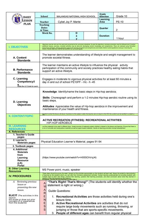 Semi Detailed Lesson Plan in P.E. 10 Hip.